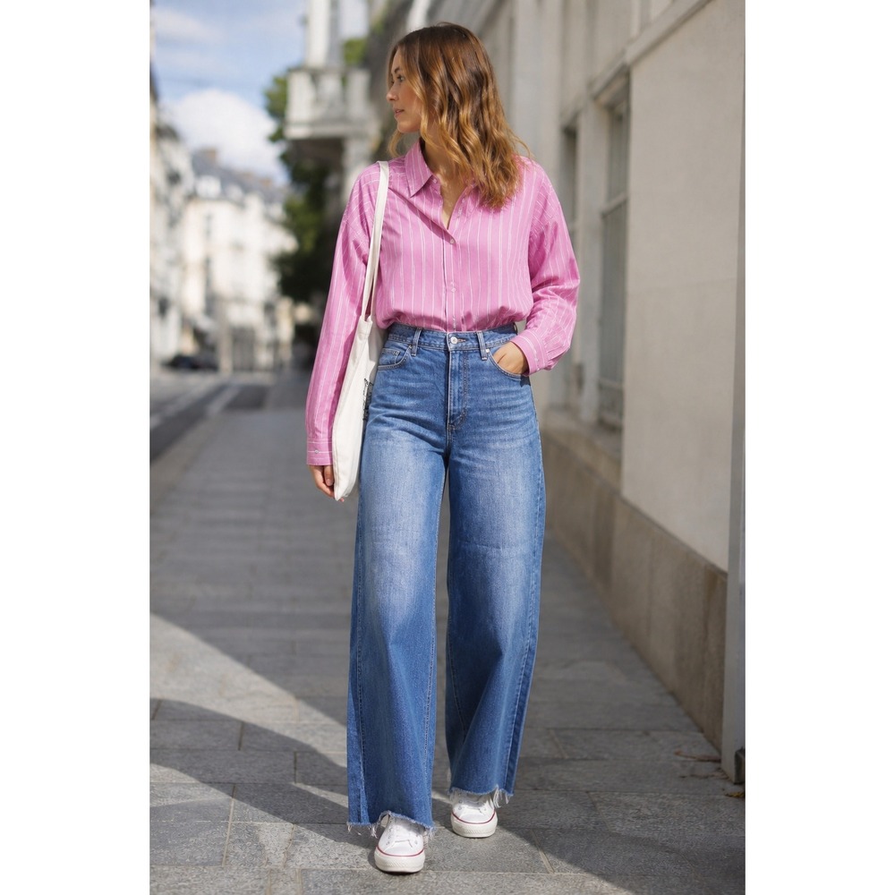 OAT New York Women Blue High Rise Wide Leg Raw Hem Denim Jeans Size 12/31